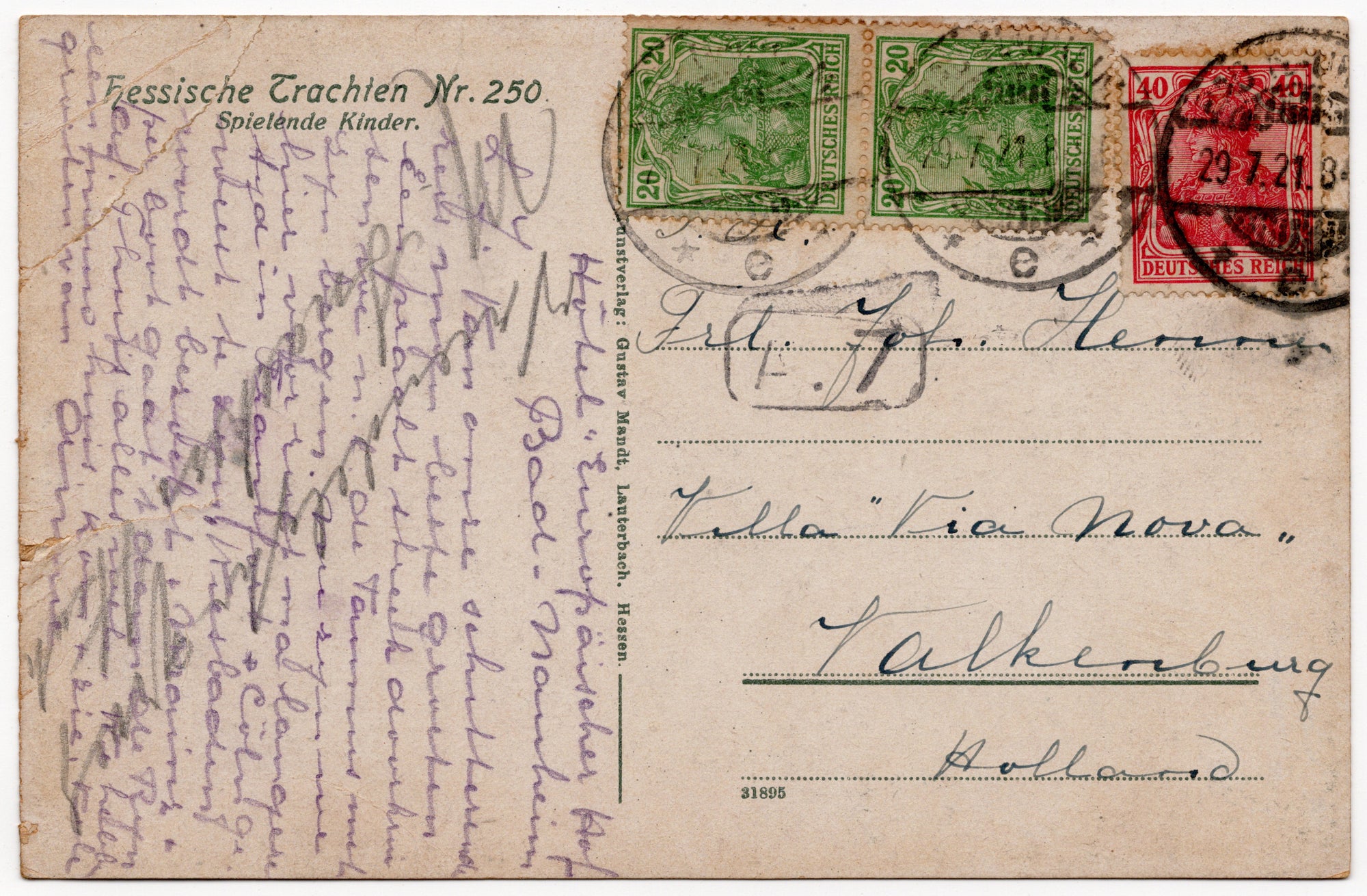 Duitse Germania-postzegels 2x 20 Pfennig en 40 Pfennig, poststempel Hessen 29 juli 1921, handgeschreven bericht uit Bad Nauheim aan Frl. Johanna Hennen Villa Via Nova Valkenburg