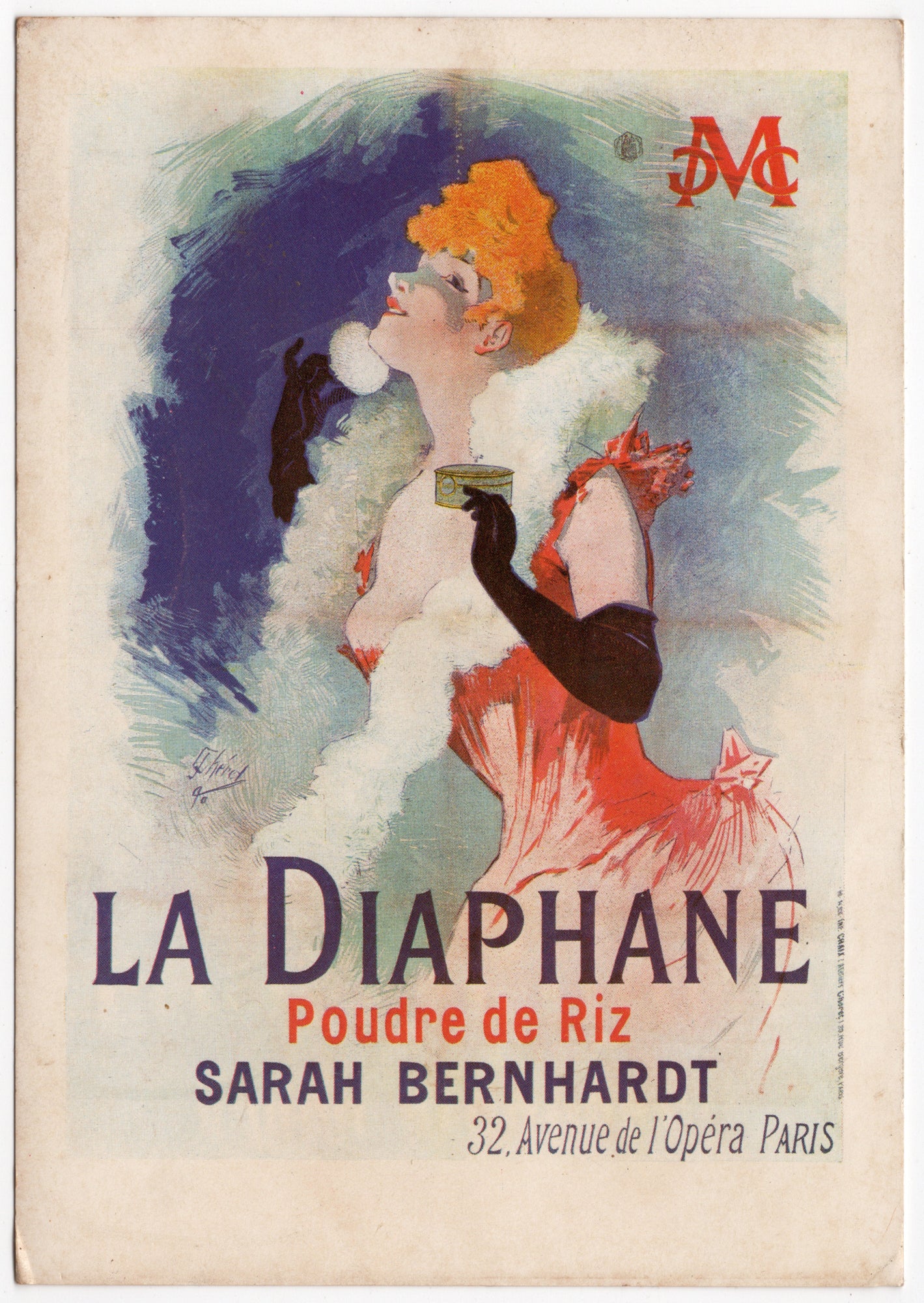 Ansichtkaart met kleurreproductie affiche La Diaphane Poudre de Riz Sarah Bernhardt Jules Chéret 1890, uitgever Hazan Parijs