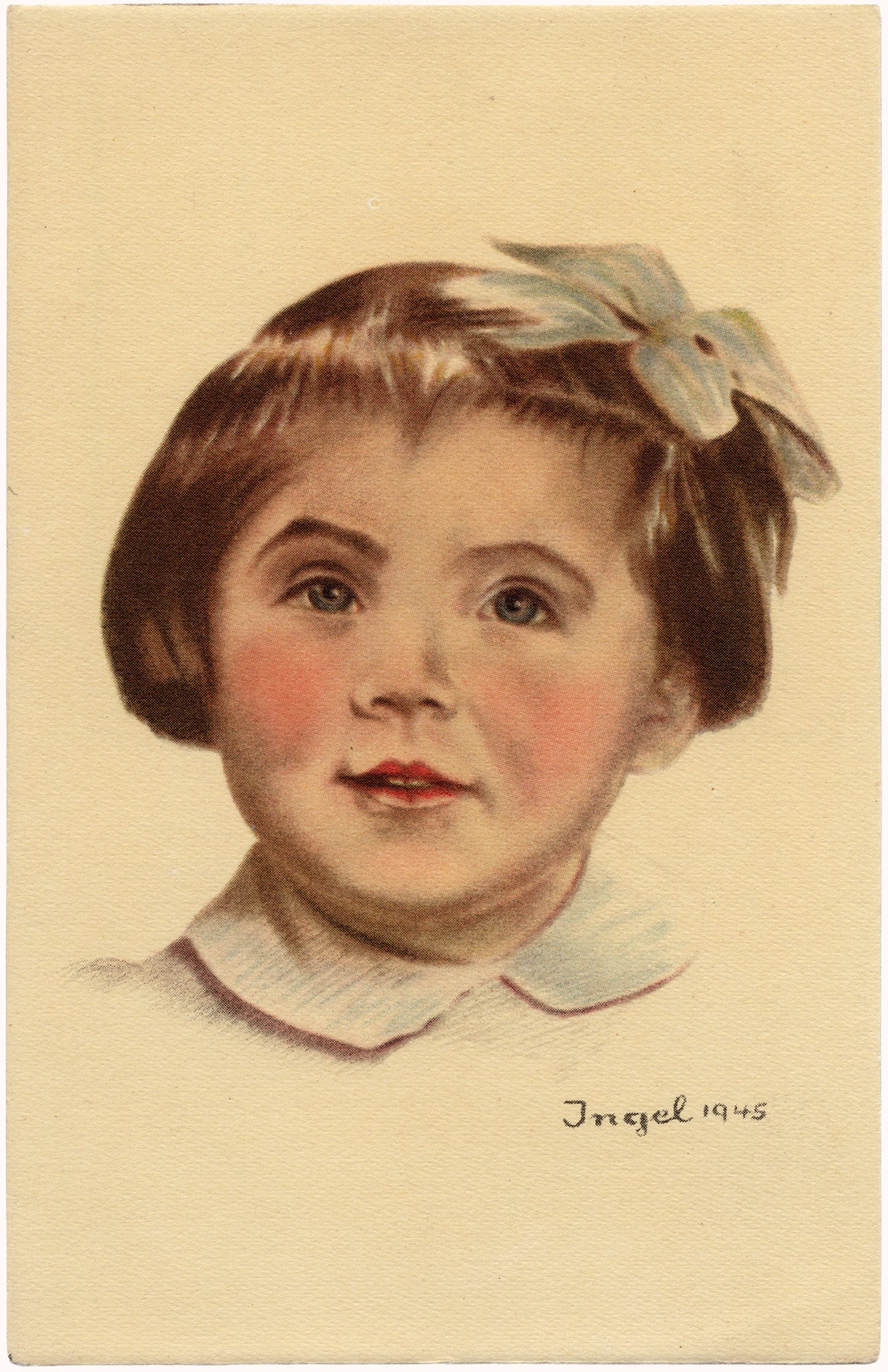 Geïllustreerd kinderportret van prinses Beatrix met lichtblauwe strik en witte kraag, gesigneerd Ingel 1945, uitgave Kruseman.