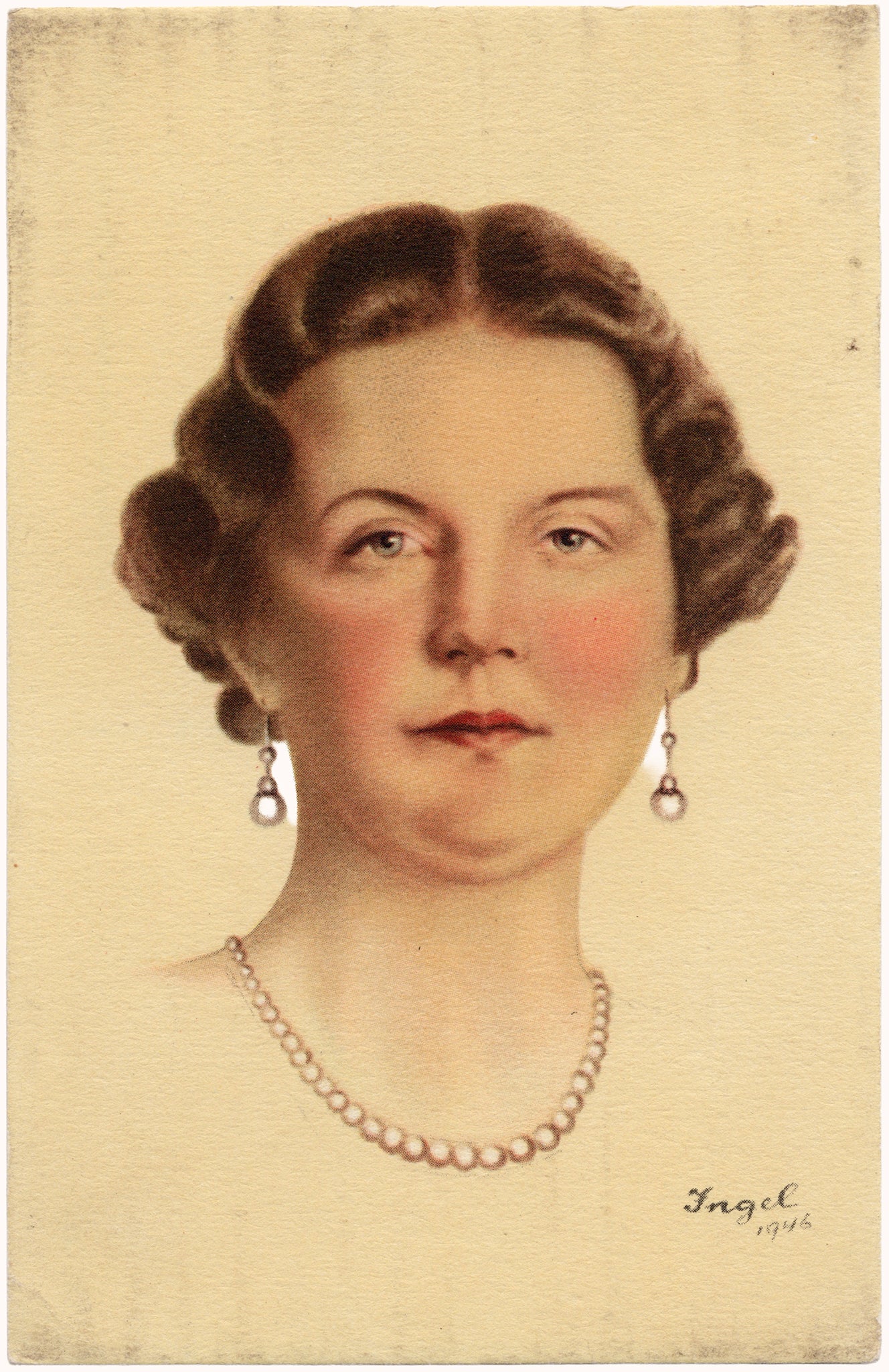 Geïllustreerd portret van prinses Juliana met parelcollier en pareloorbellen, gesigneerd Ingel 1946, uitgave Kruseman.