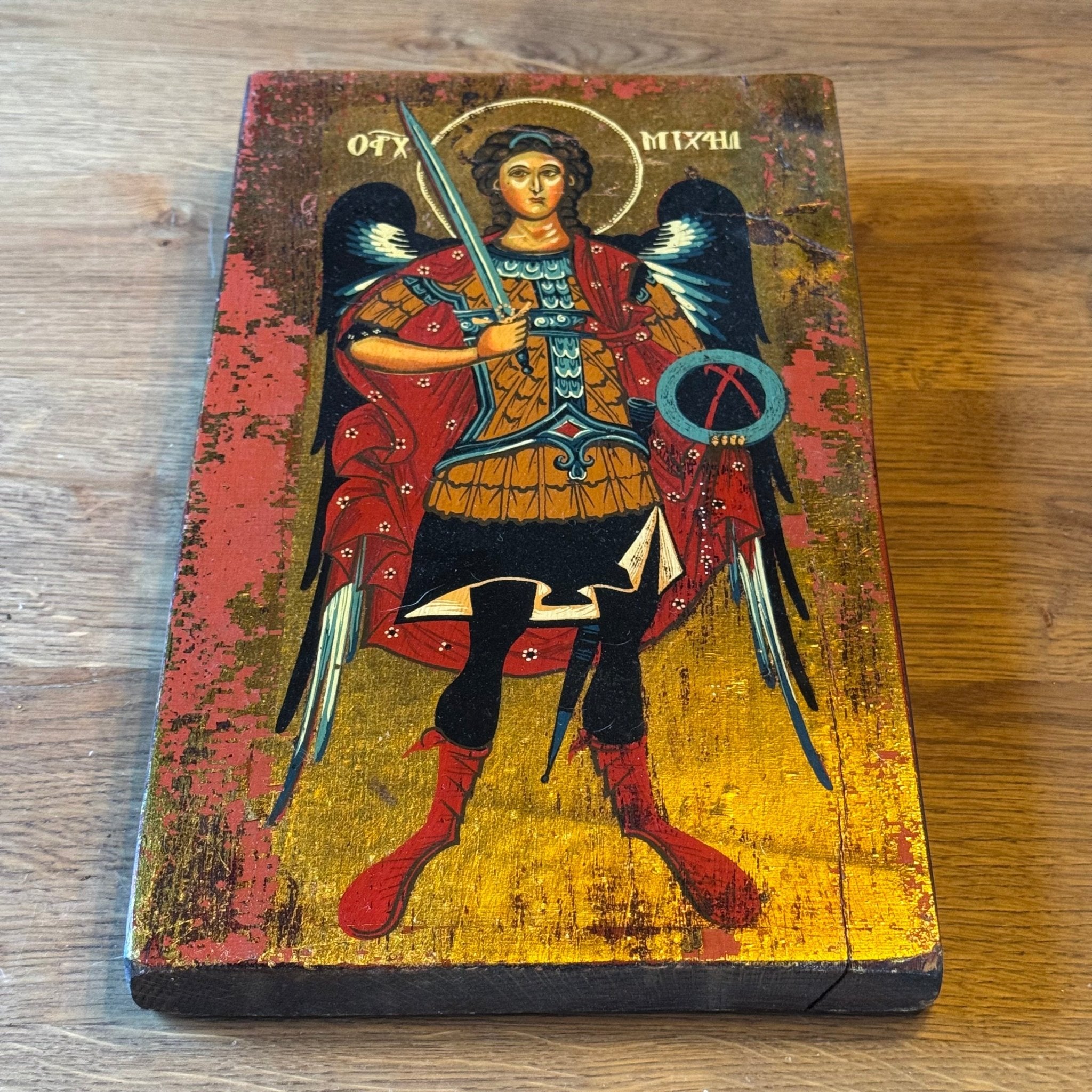 Icoon van Aartsengel Michaël met zwaard op houten paneel - The Collectionist