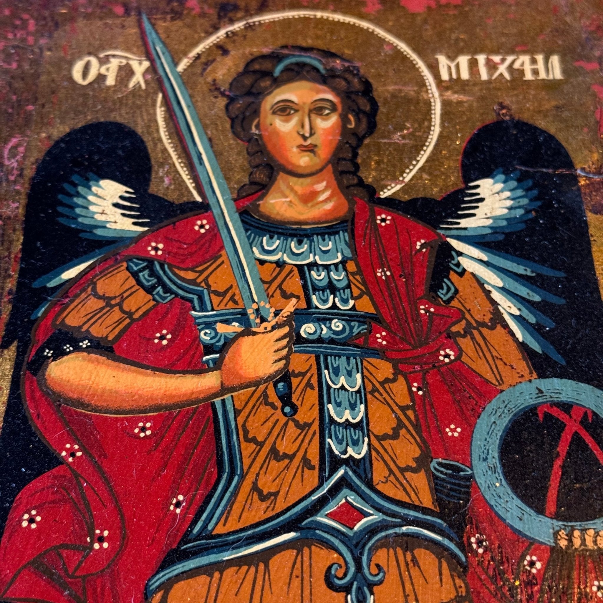 Icoon van Aartsengel Michaël met zwaard op houten paneel - The Collectionist