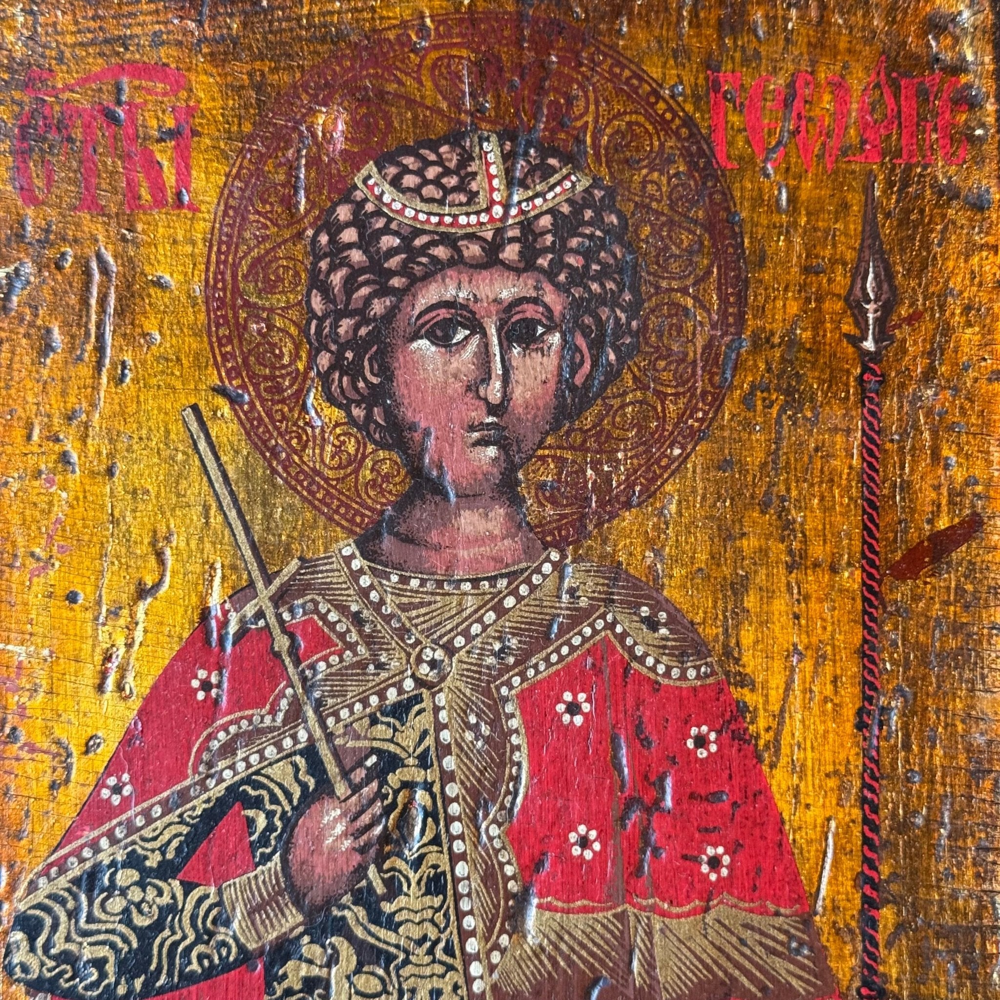 Icoon van Sint - Georgius in rijk gedecoreerd gewaad op houten paneel - The Collectionist