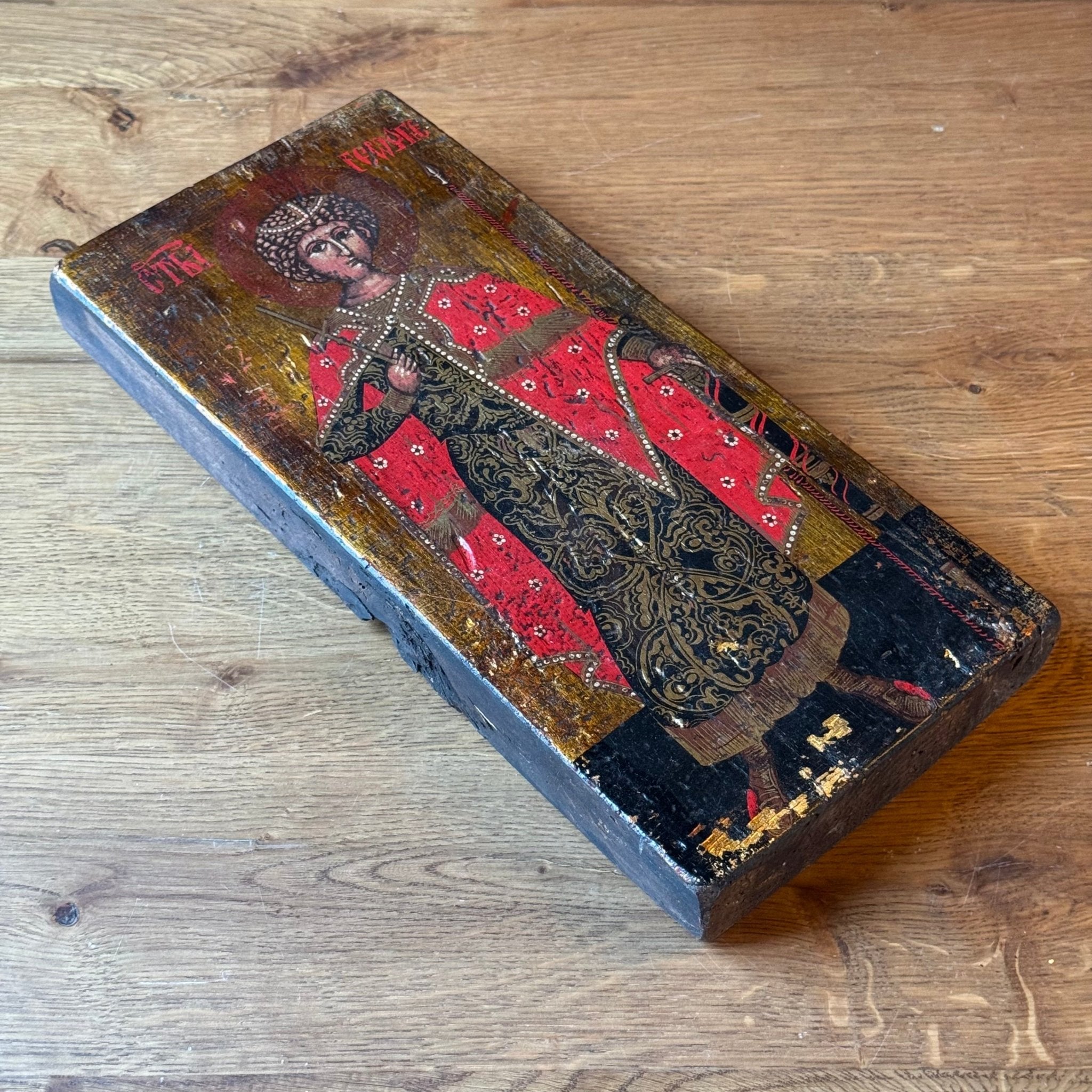 Icoon van Sint - Georgius in rijk gedecoreerd gewaad op houten paneel - The Collectionist