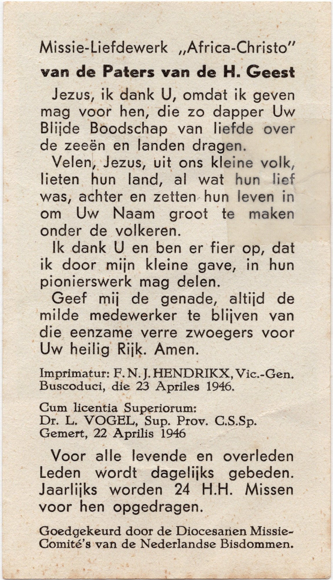 Achterzijde Missiekaartje Africa-Christo, Paters van de H. Geest, voorzijde met Sint Antonius van Padua en Christuskind, gedrukt in Italië, 1946.
