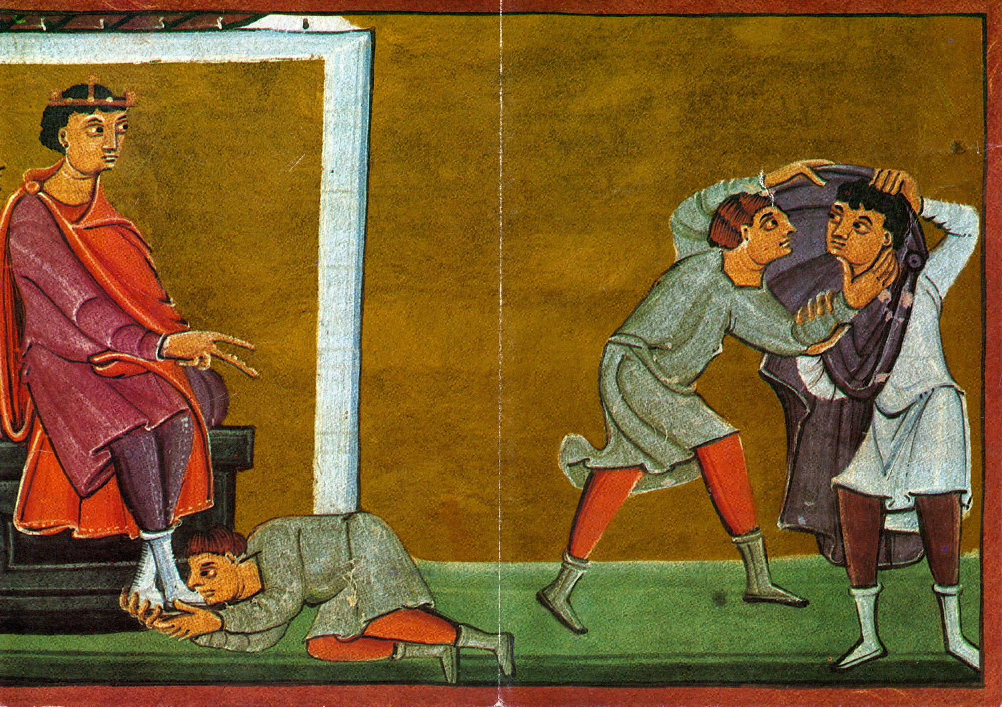 Gebetszettel met reproductie van Reichenauer School miniatuur, parabel onbarmhartige schuldenaar, Liturgisches Institut Trier, 20e eeuw.