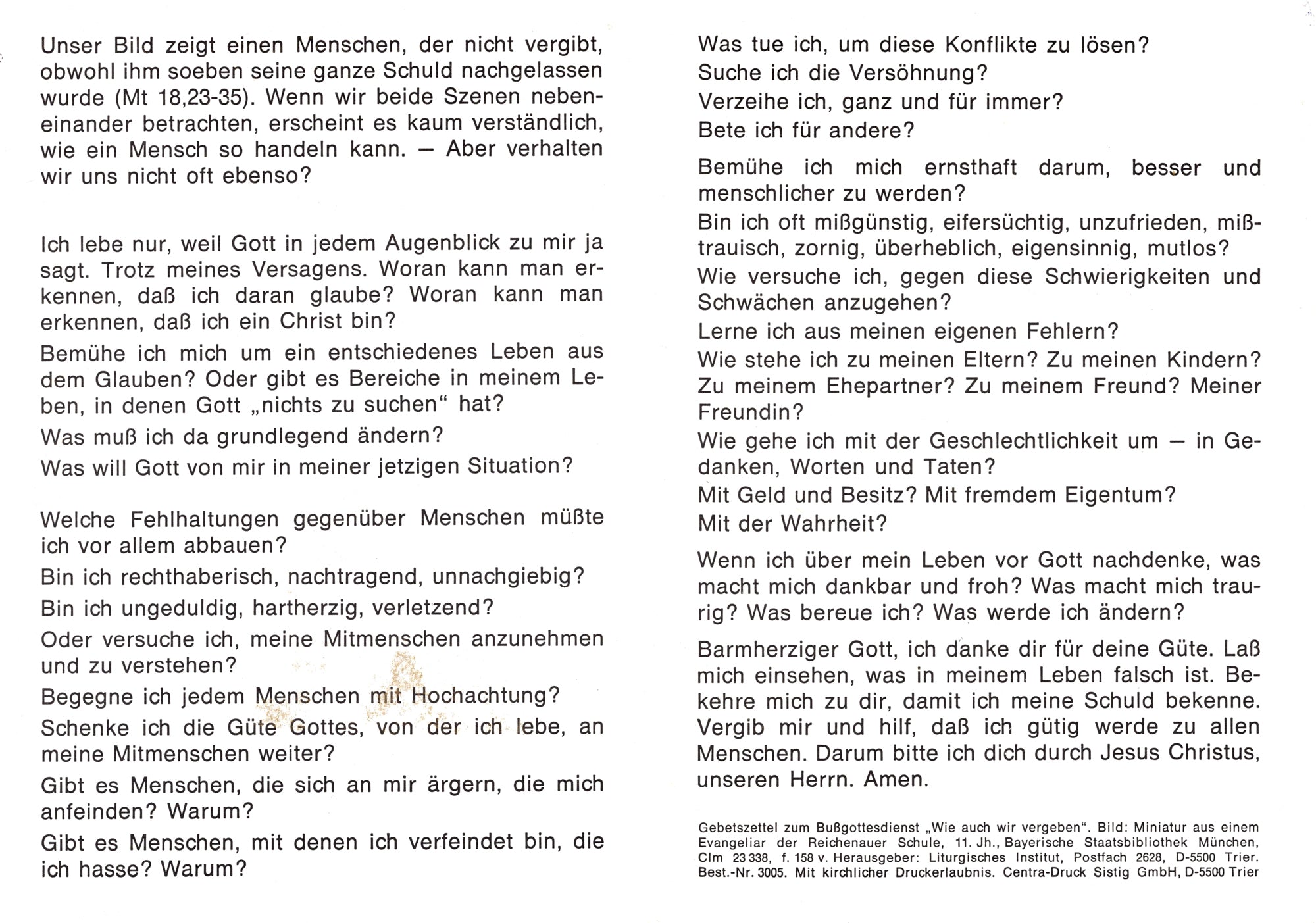 Gebetszettel met reproductie van Reichenauer School miniatuur, parabel onbarmhartige schuldenaar, Liturgisches Institut Trier, 20e eeuw.