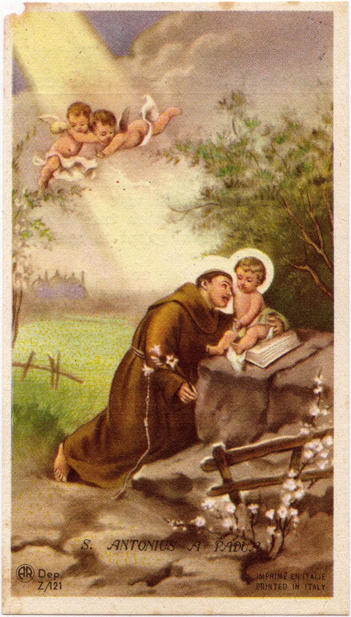 Devotiekaartje Africa-Christo Paters van de H. Geest, Sint-Antonius van Padua met Christuskind, gedrukt in Italië, 1946
