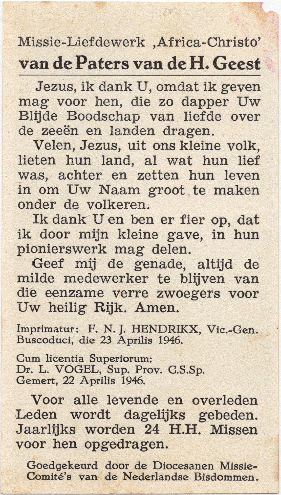 Achterzijde Devotiekaartje Africa-Christo Paters van de H. Geest, Sint-Antonius van Padua met Christuskind, gedrukt in Italië, 1946