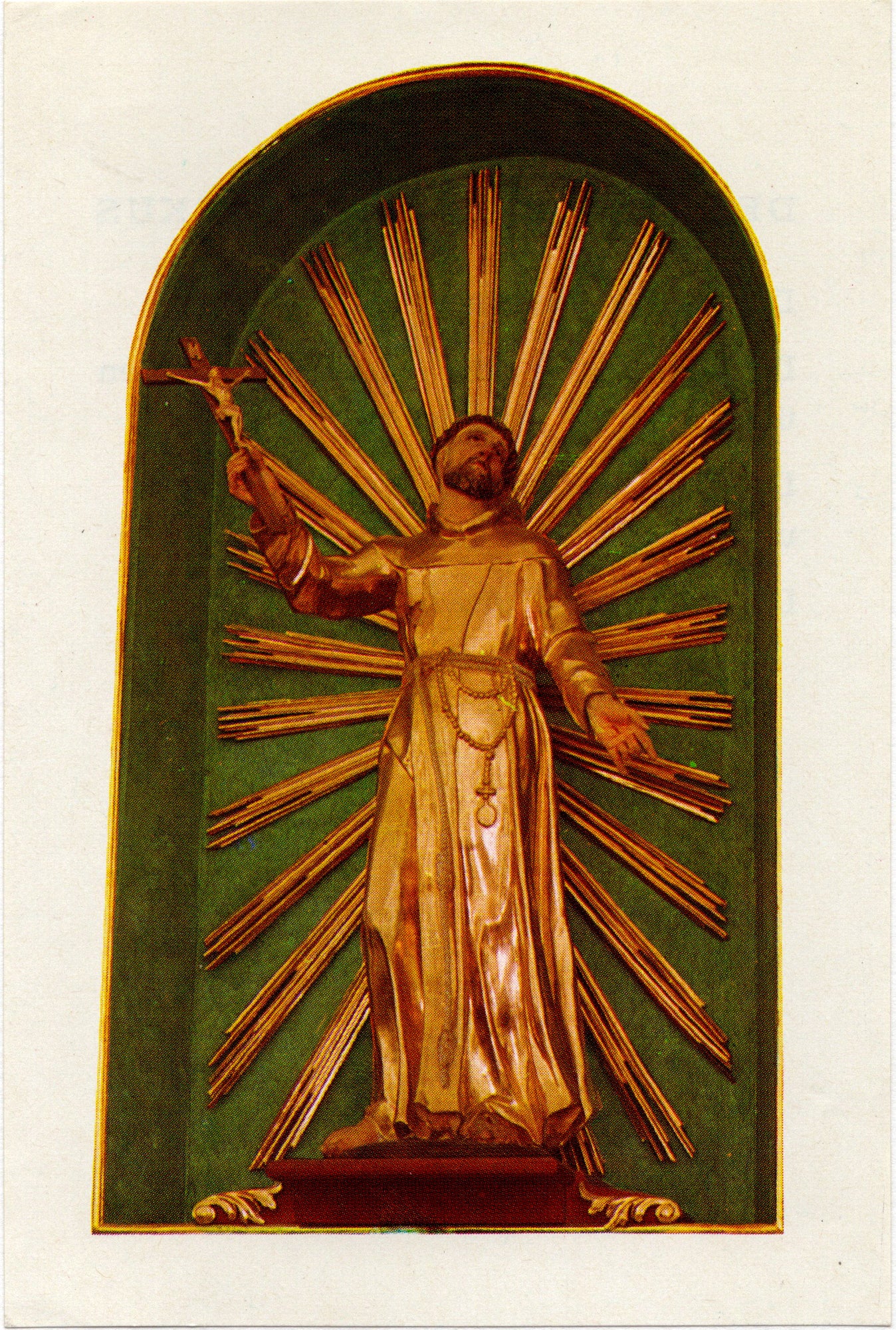 Devotieprentje vergulde houten figuur Sint-Franciscus van Assisi in stralennis, Klosterkirche Eggenfelden Beieren