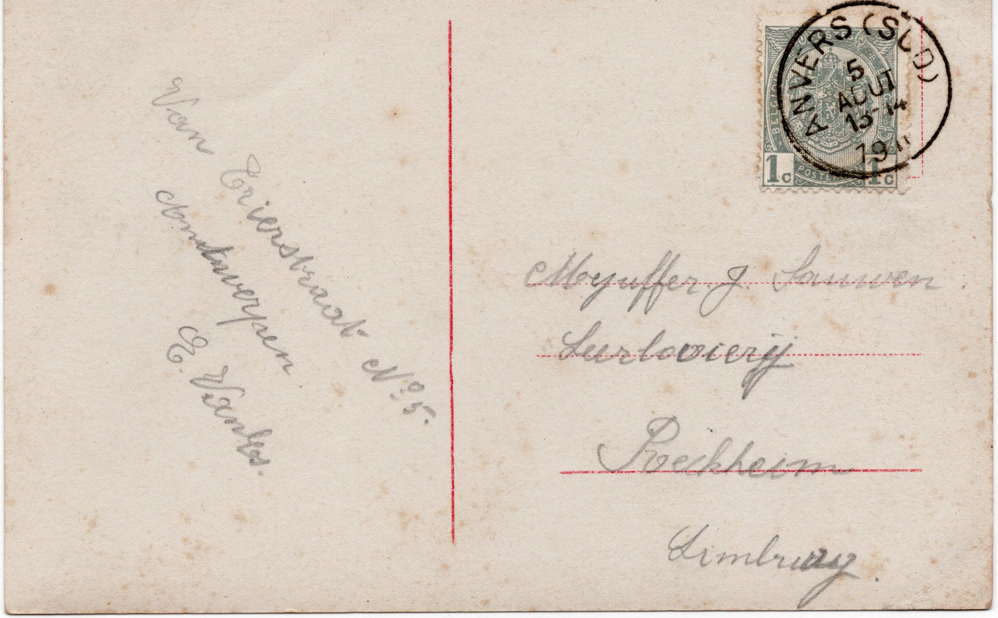 Achterzijde Handgekleurde fotoansichtkaart jonge vrouw met brede hoed en bontjas, Edwardiaanse periode, verstuurd Antwerpen 5 augustus 1914
