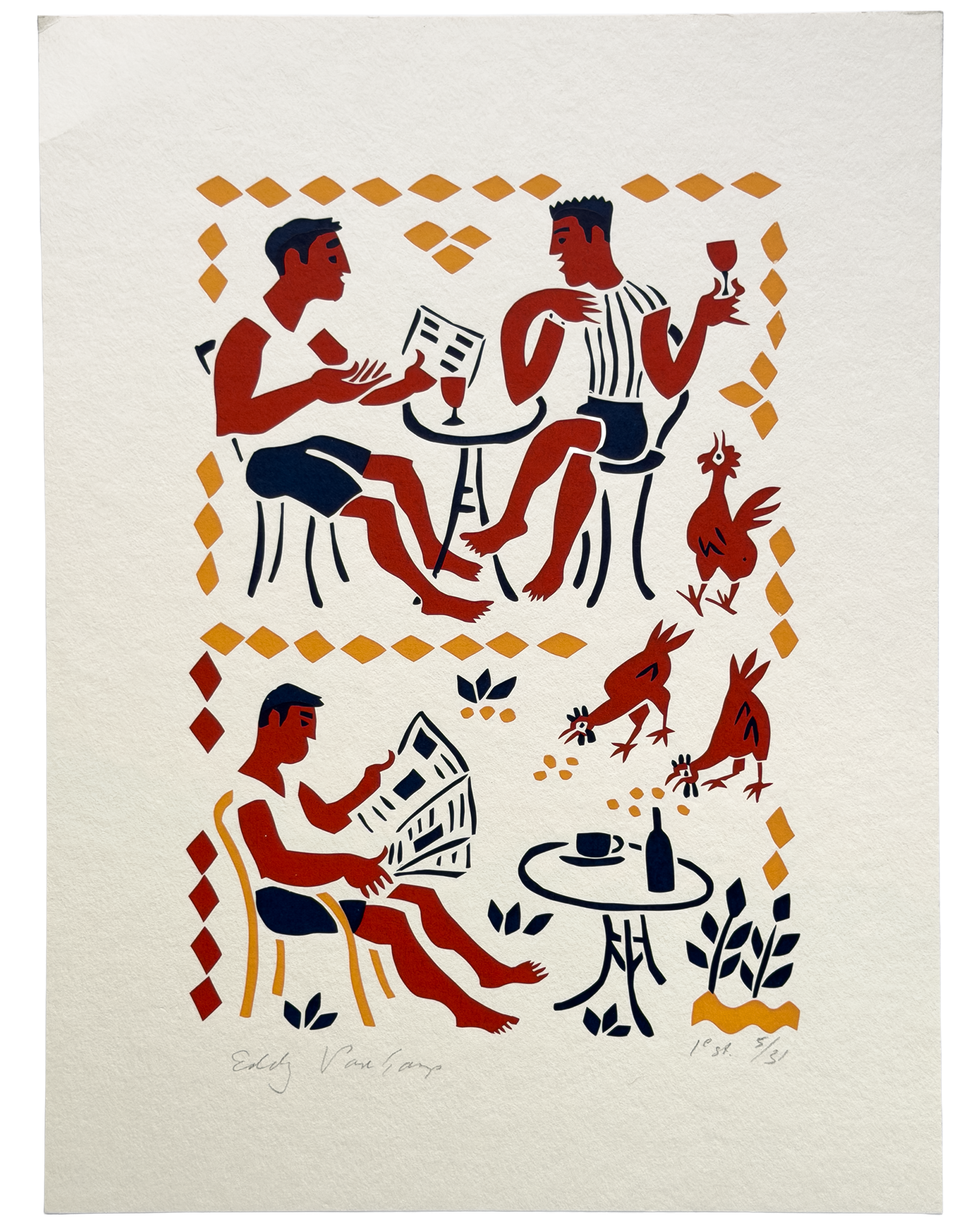 Gesigneerde linosnede Eddy Varekamp, twee mannen aan caféterras met haan en kippen, donkerrood, blauw en okergeel
