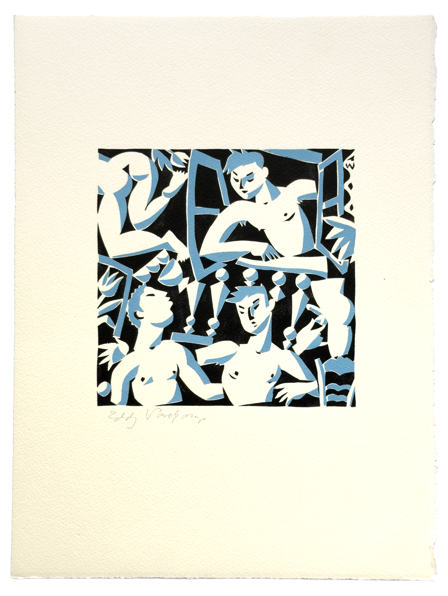 Gesigneerde linosnede Eddy Varekamp, vier mannelijke naakten in blauw en zwart, gefragmenteerde compositie