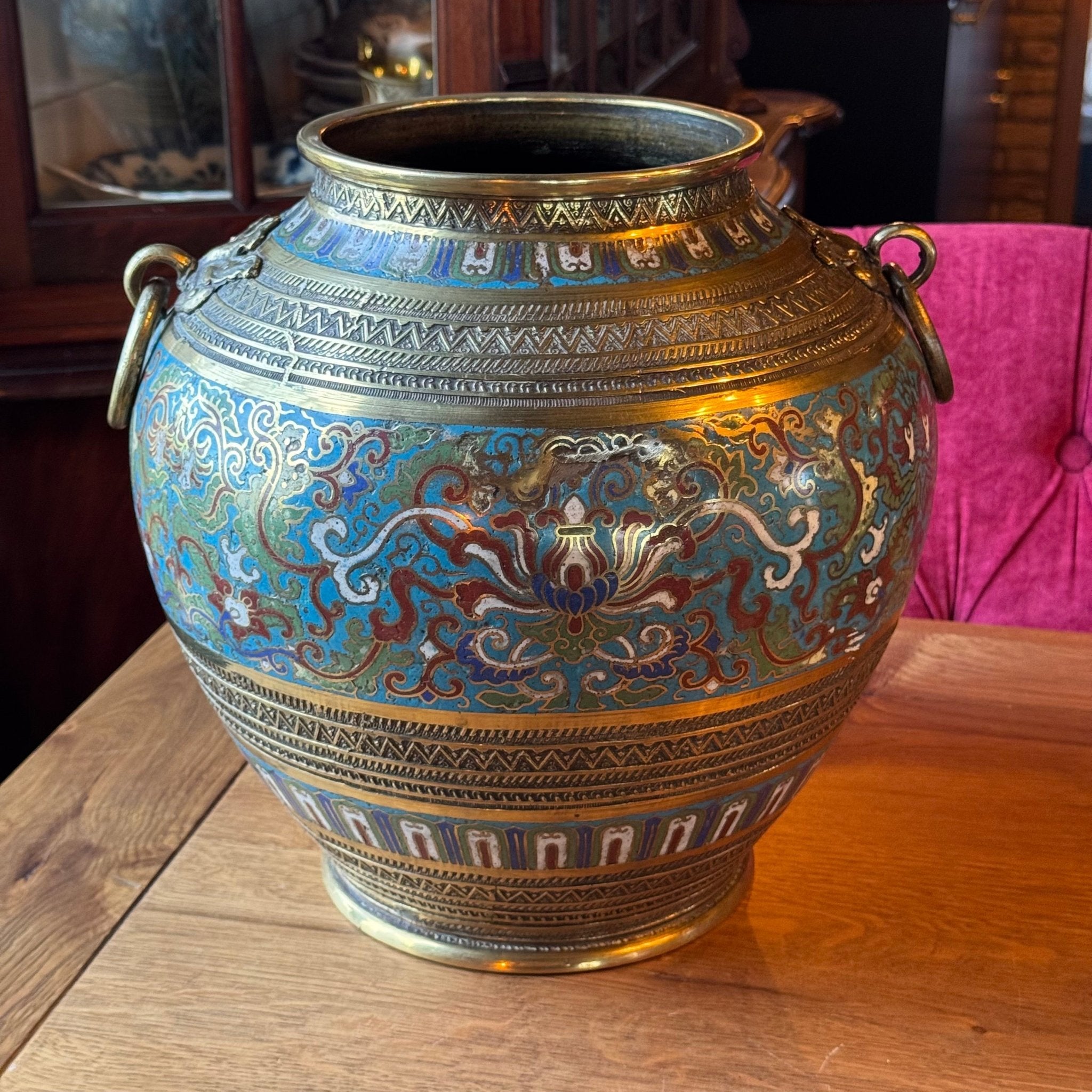 Massieve cloisonné pot van messing – 30 cm - The Collectionist
