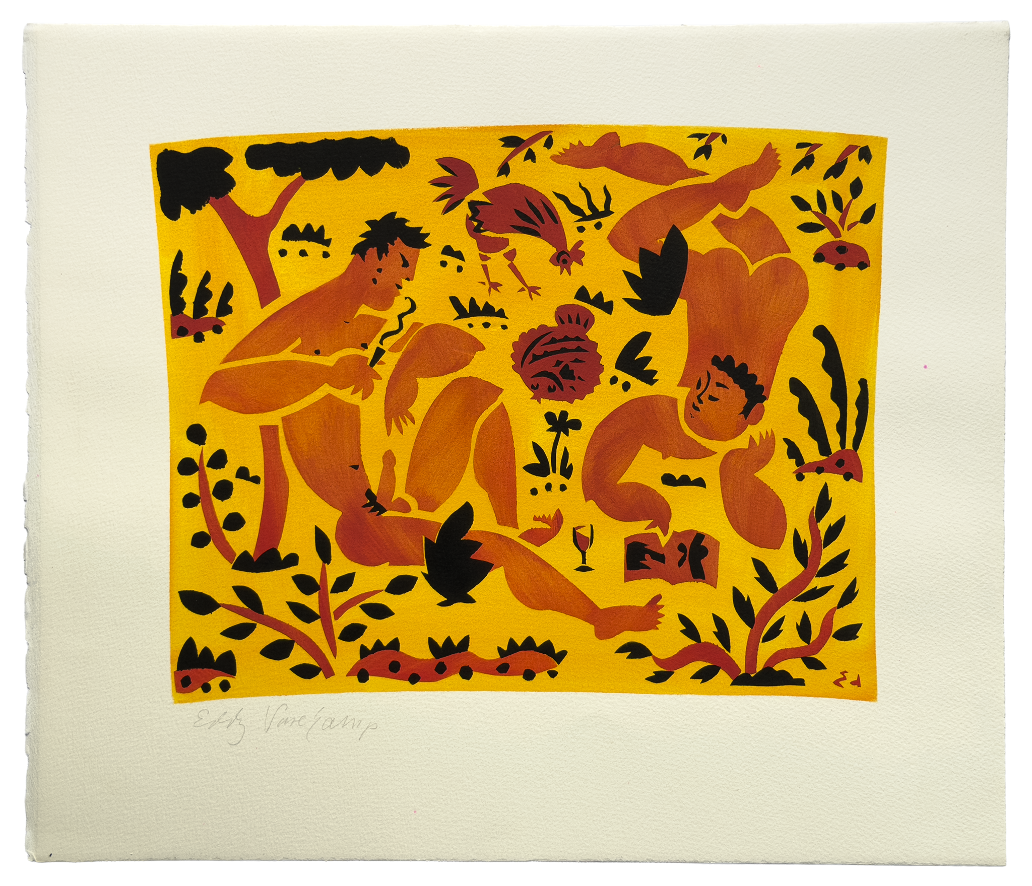 Gesigneerde sjabloondruk Eddy Varekamp, twee mannelijke naakten in tuin met haan en planten, geel, oranje, donkerrood en zwart