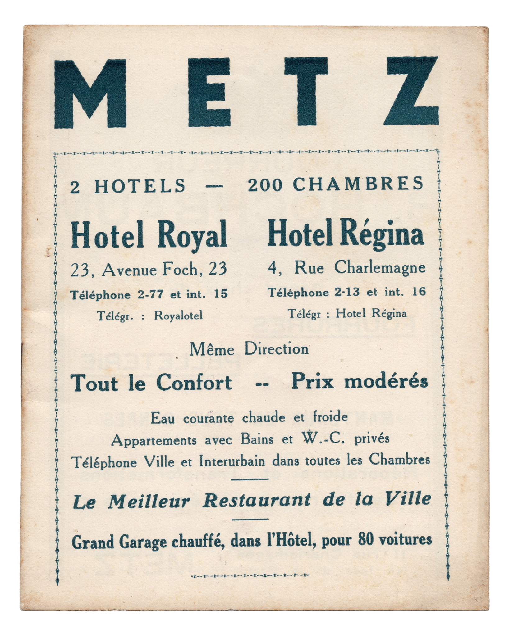 Toeristisch gidsje Metz uit de jaren 1930, uitgegeven door L'Extension Touristique Française, cover met grote letters M E T Z