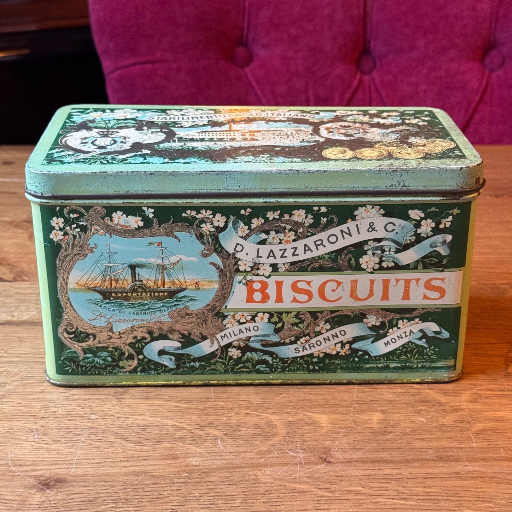 Vintage Blik D. Lazzaroni & C. Biscuits - Saronno - Reproductie 1888 - The Collectionist