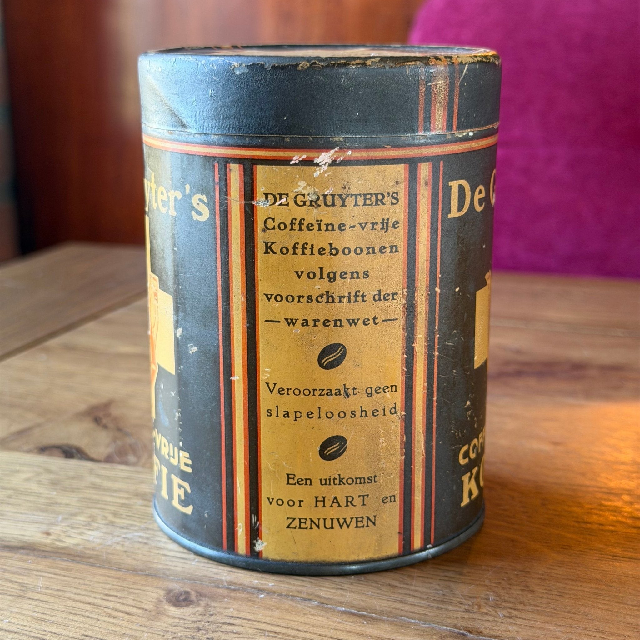 Vintage De Gruyter’s Koffieblik – Caffeïne - vrije Koffie – Nederlands Reclameblik
