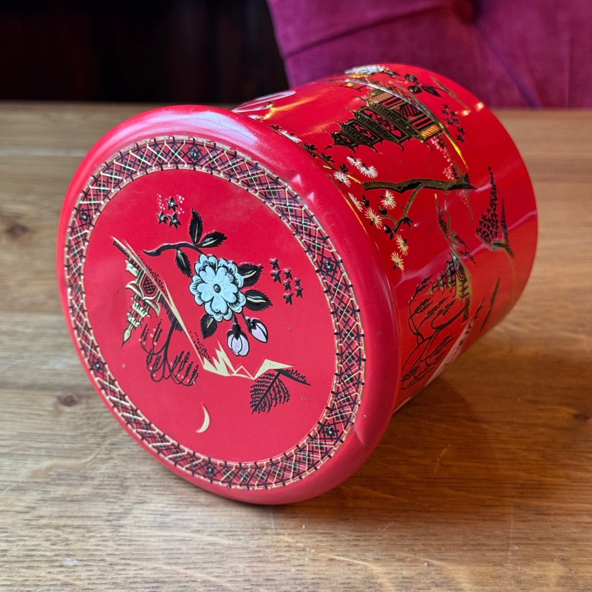 Vintage Engels Blik - Flamingo's & Pagode - Rood Chinoiserie (Jaren '50) - The Collectionist