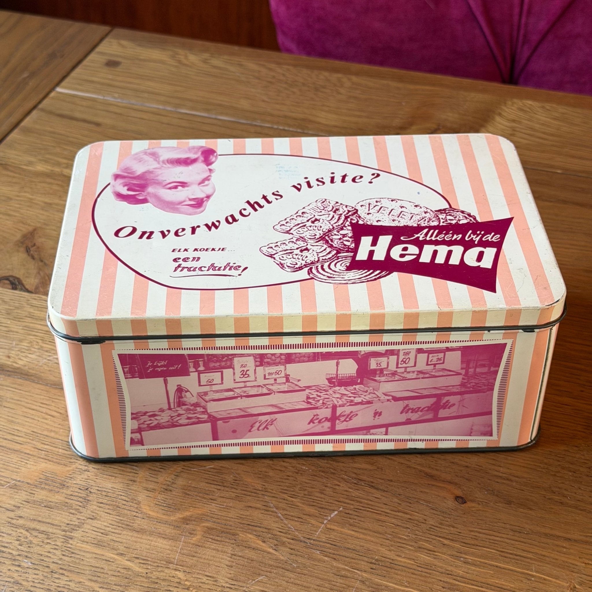 Vintage HEMA koekblik – “Onverwachts visite?” reclameblik