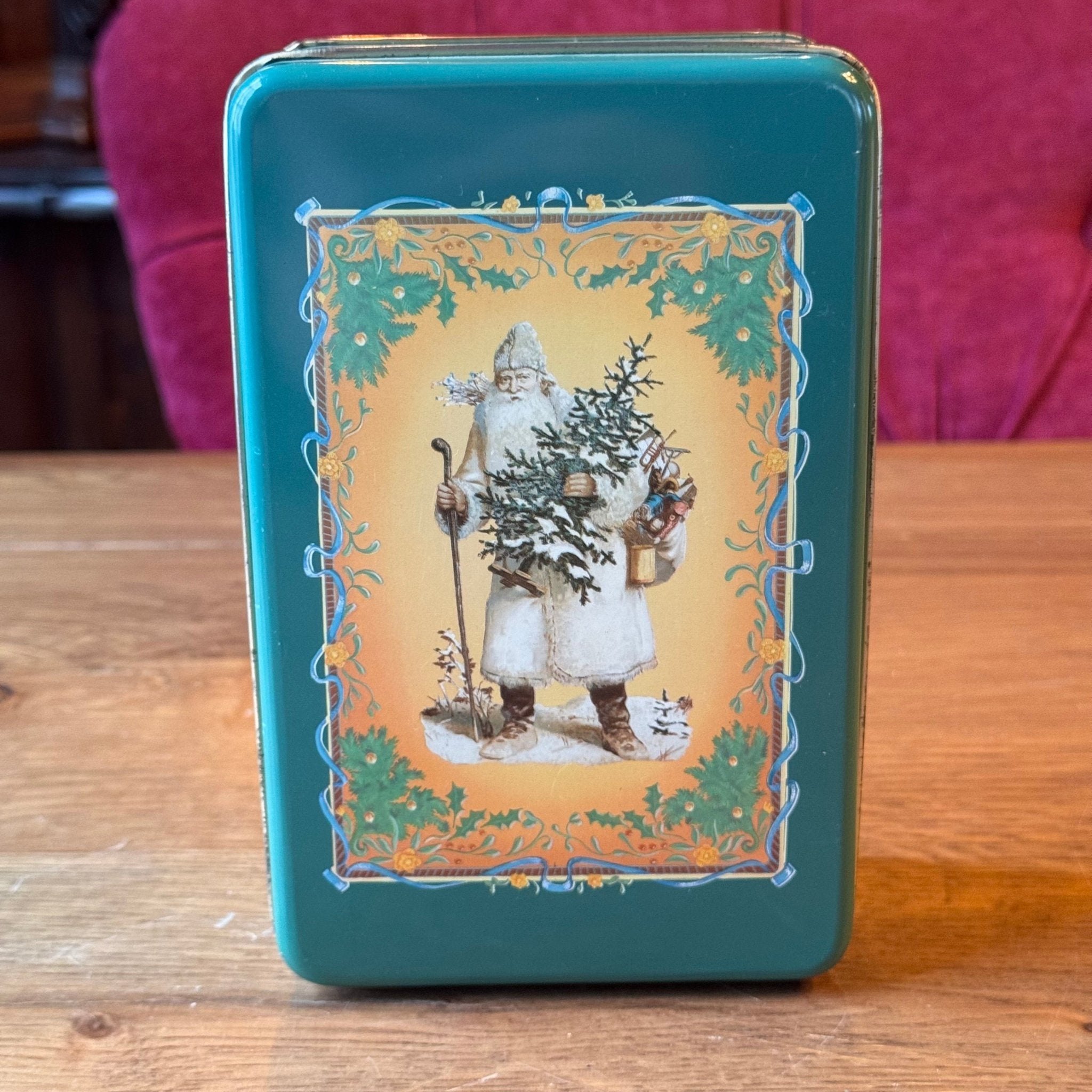 Vintage kerstblik met Sint Nicolaas illustratie – groen met goudkleurig interieur - The Collectionist