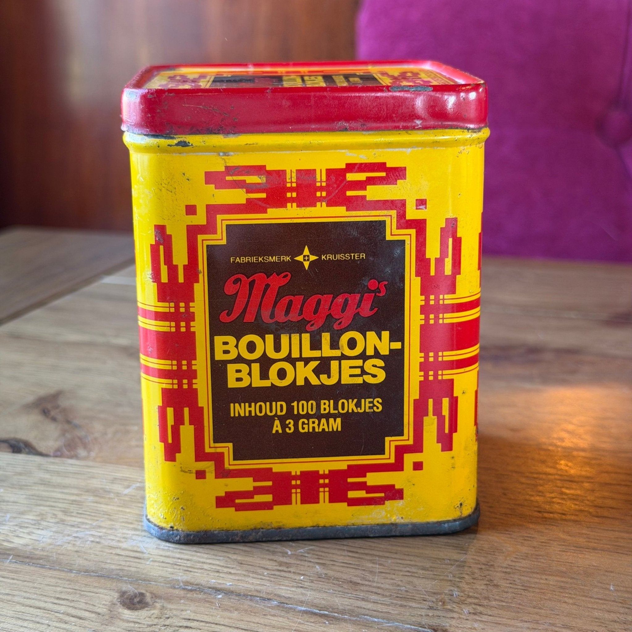 Vintage Maggi Bouillonblokjes Blik – Geel Rood Reclameblik – Jaren 60
