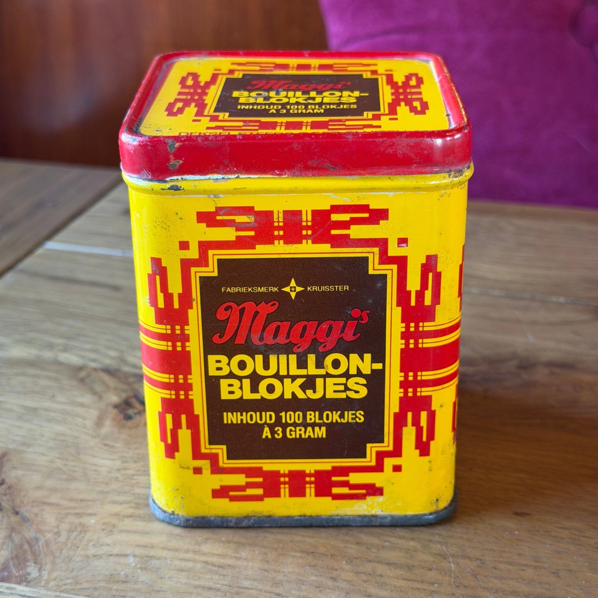 Vintage Maggi Bouillonblokjes Blik – Geel Rood Reclameblik – Jaren 60