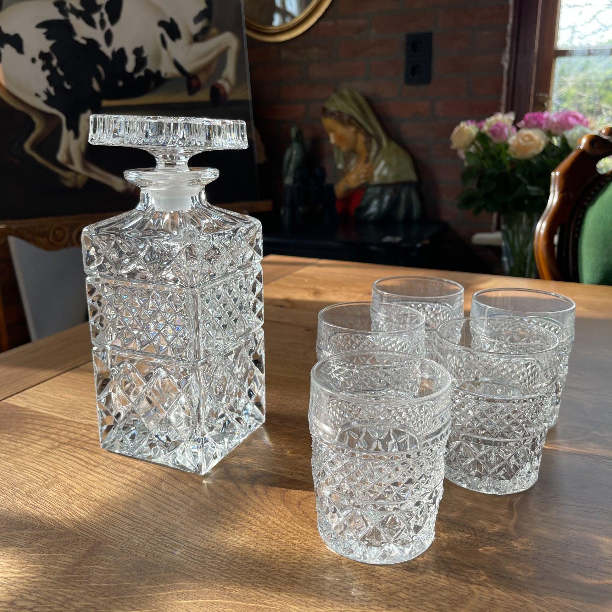 Kristallen Whiskey karaf met vijf glazen - Bamestra Curiosa