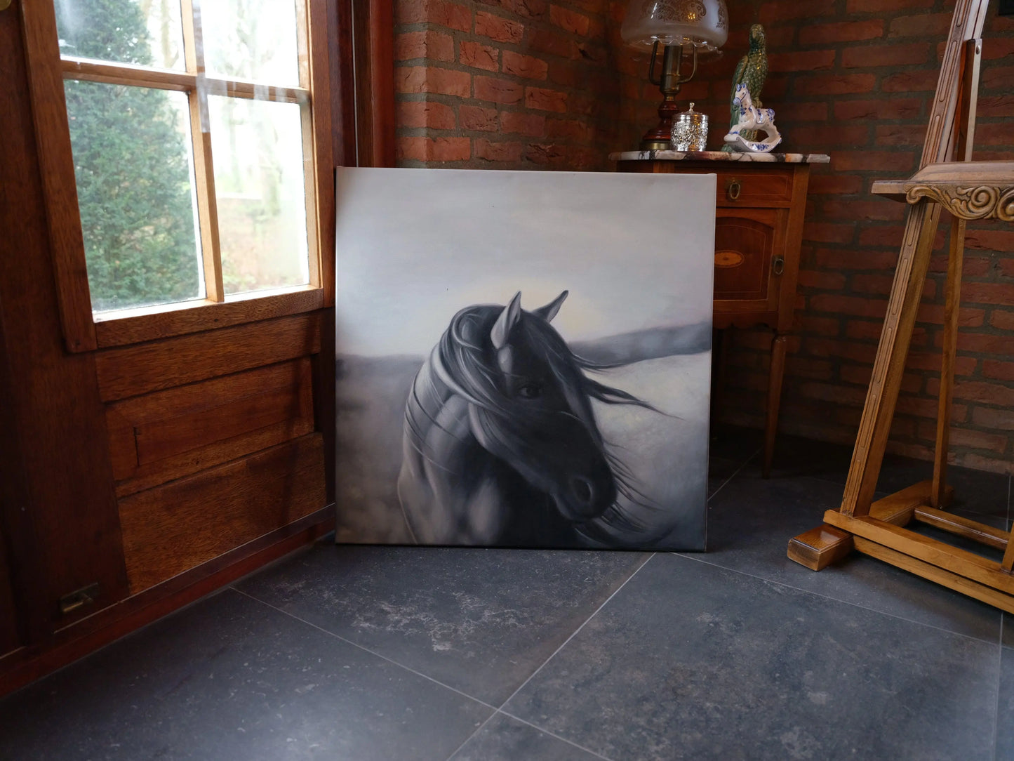 Schilderij zwart paard op canvas - Bamestra Curiosa