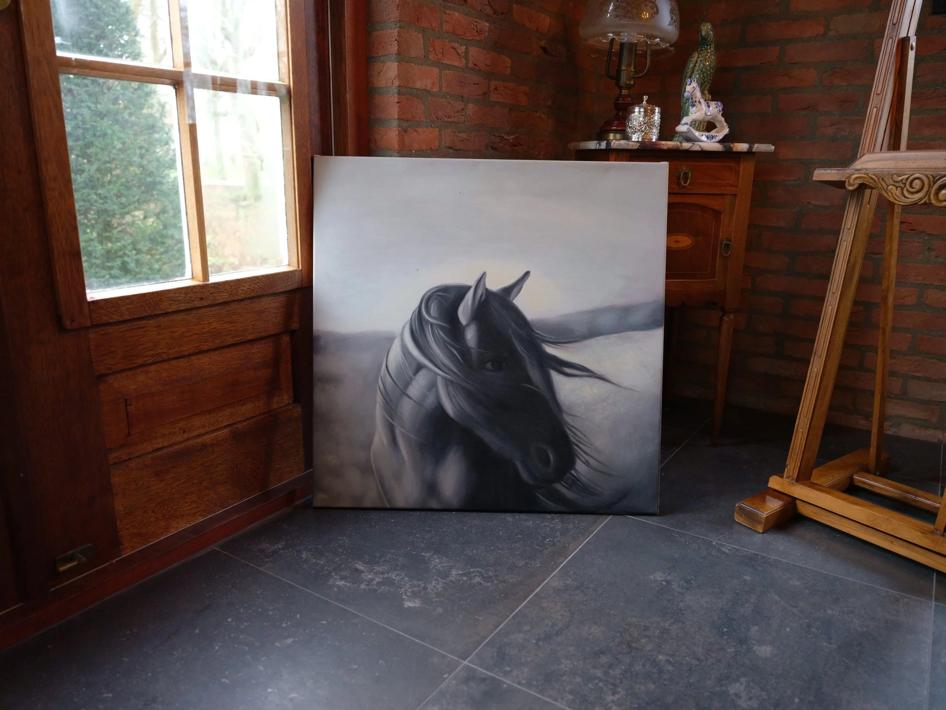 Schilderij zwart paard op canvas - Bamestra Curiosa