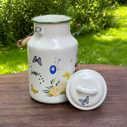 Emaille melkbus met vlinders en bloemen - Bamestra Curiosa