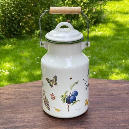 Emaille melkbus met vlinders en bloemen - Bamestra Curiosa
