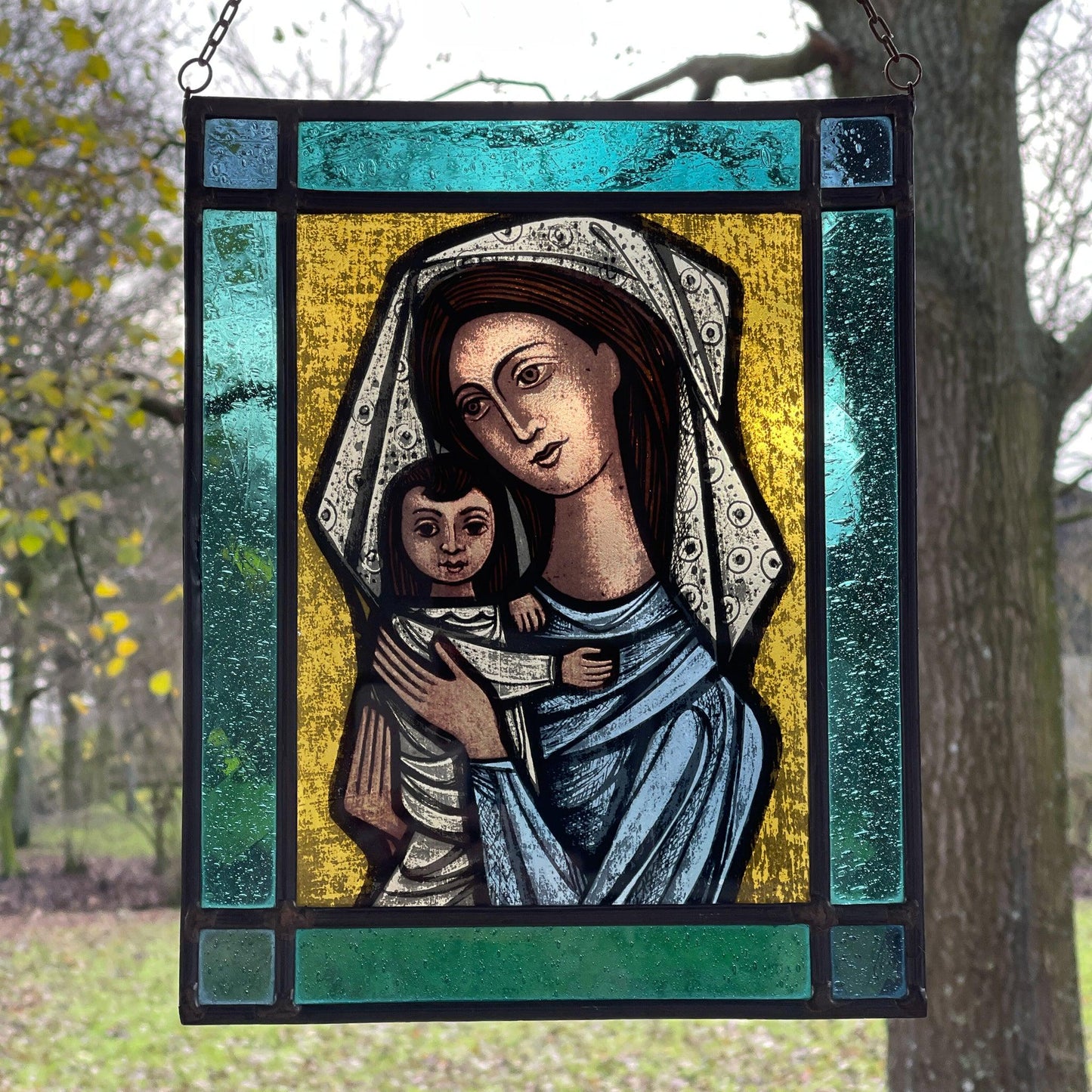 Glas in lood raamhanger Maria met Jezus - Bamestra Curiosa