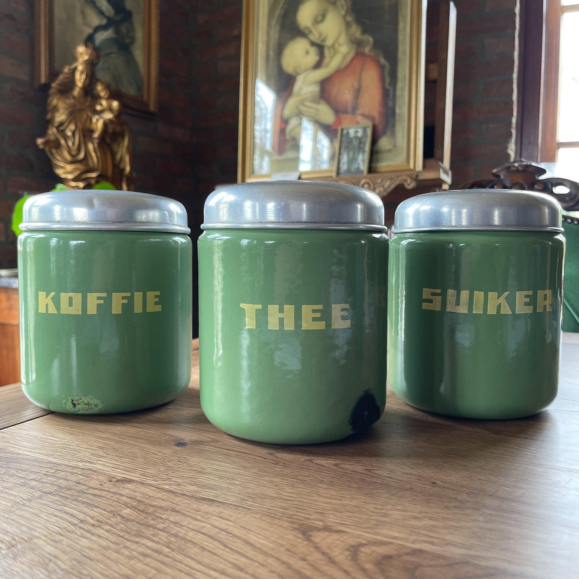 Set emaille koffie thee en suikerbussen - Bamestra Curiosa